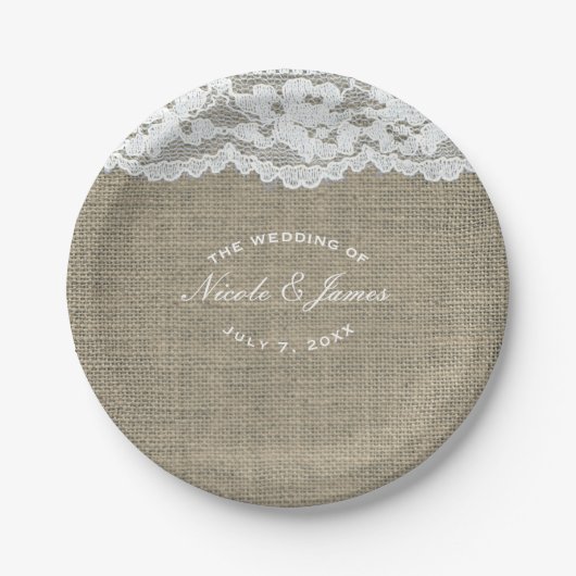 Burlap & Lace Simple Rustic Elegante Wedding Custo Pappteller (Vorderseite)