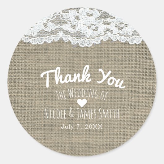 Burlap & Lace Simple Rustic Elegante Wedding Gevor Runder Aufkleber (Vorderseite)