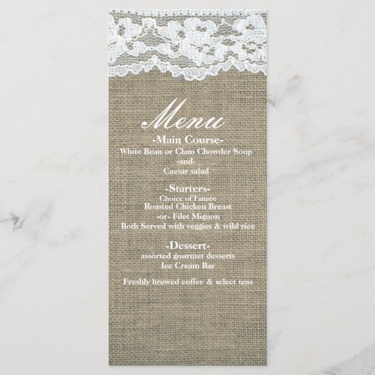 Burlap & Lace Simple Rustic Elegante Wedding Menu Menükarte (Vorderseite)