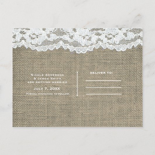 Burlap & Lace Simple Rustic Wedding retten das Dat Ankündigungspostkarte (Rückseite)