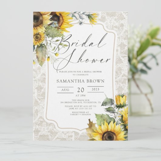 Burlap Lace Sonnenblumen Elegantes Fall Brautparty Einladung (Stehend Vorderseite)