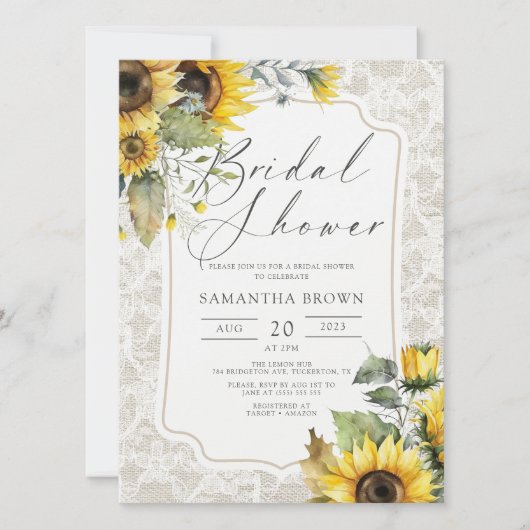Burlap Lace Sonnenblumen Elegantes Fall Brautparty Einladung (Vorderseite)