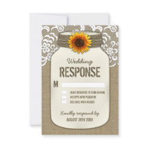 Burlap Lace Sunflower Mason Jar Wedding RSVP Karte