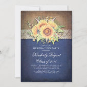 Burlap Lace Sunflower Navy Rustic Graduation Party Einladung (Vorderseite)