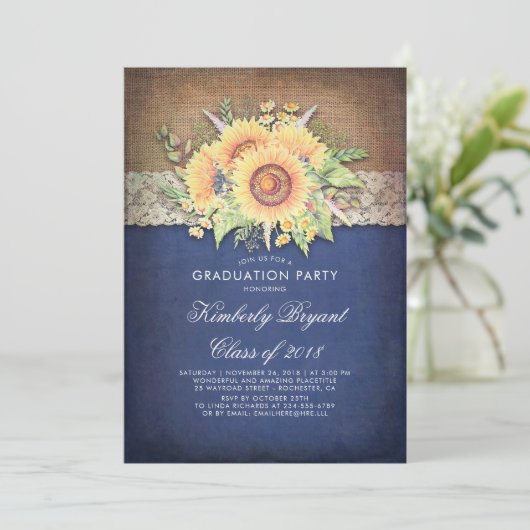Burlap Lace Sunflower Navy Rustic Graduation Party Einladung (Stehend Vorderseite)
