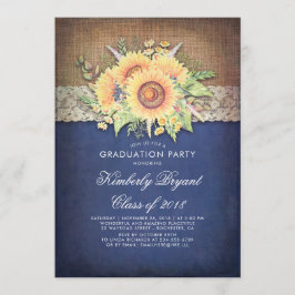 Burlap Lace Sunflower Navy Rustic Graduation Party Einladung