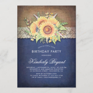 Burlap Lace Sunflower Navy Rustikale Geburtstagspa Einladung