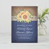 Burlap Lace Sunflower Navy Rustikale Probe Dinner Einladung (Stehend Vorderseite)