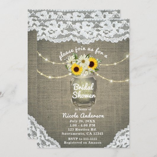 Burlap Lace Sunflowers & Daisies Mason Jar Rustic Einladung (Vorne/Hinten)