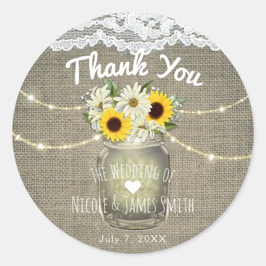 Burlap Lace Sunflowers & Daisies Mason Jar Rustic Runder Aufkleber (Vorderseite)