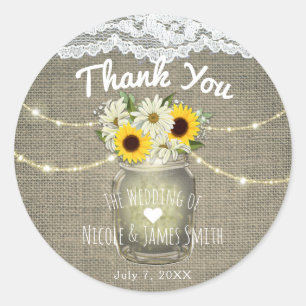 Burlap Lace Sunflowers & Daisies Mason Jar Rustic Runder Aufkleber