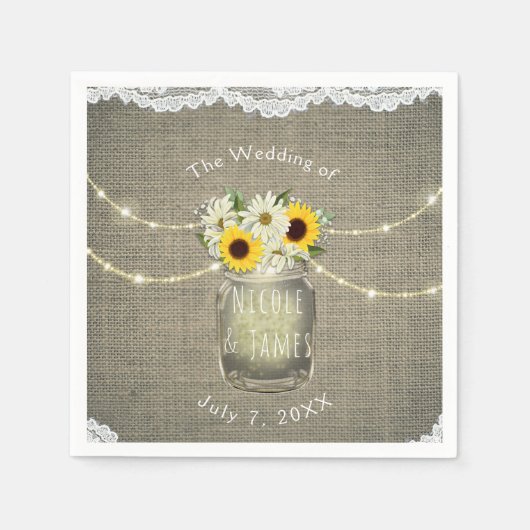 Burlap Lace Sunflowers & Daisies Mason Jar Rustic Serviette (Vorderseite)