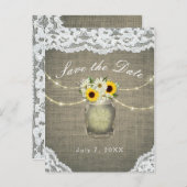 Burlap Lace Sunflowers Daisies Mason Save the Date Ankündigungspostkarte (Vorne/Hinten)