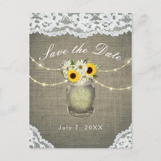 Burlap Lace Sunflowers Daisies Mason Save the Date Ankündigungspostkarte (Vorderseite)