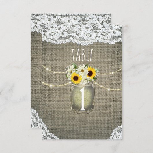 Burlap Lace Sunflowers Daisies Rustikale Tischnumm Einladung (Vorne/Hinten)