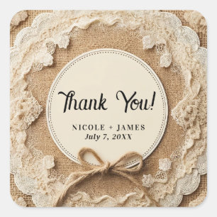 Burlap Lace & Twine Bow Rustikale Hochzeit Quadratischer Aufkleber