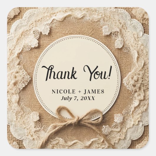 Burlap Lace & Twine Bow Rustikale Hochzeit Quadratischer Aufkleber (Vorderseite)