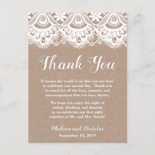 Burlap Lace Wedding Place Einstellung Vielen Dank Postkarte (Vorderseite)