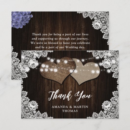 Burlap Lace Wood Rustic Purple Blue Floral Wedding Dankeskarte (Vorne/Hinten)