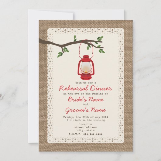 Burlap Lantern Camping Probe Abendessen Einladung (Vorderseite)
