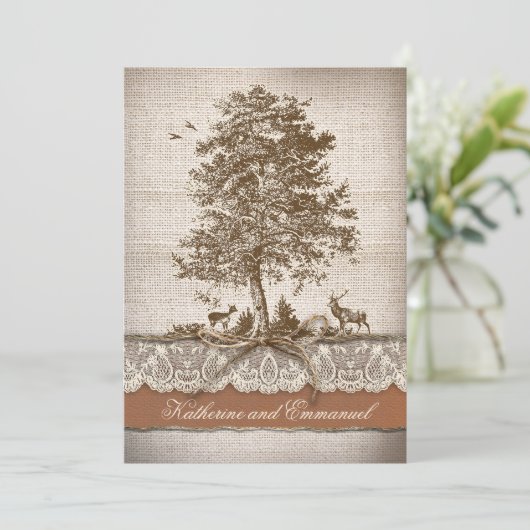 Burlap Liebe Baum rustikale Landhochzeit einladen Einladung (Stehend Vorderseite)