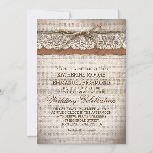 Burlap Liebe Baum rustikale Landhochzeit einladen Einladung (Rückseite)