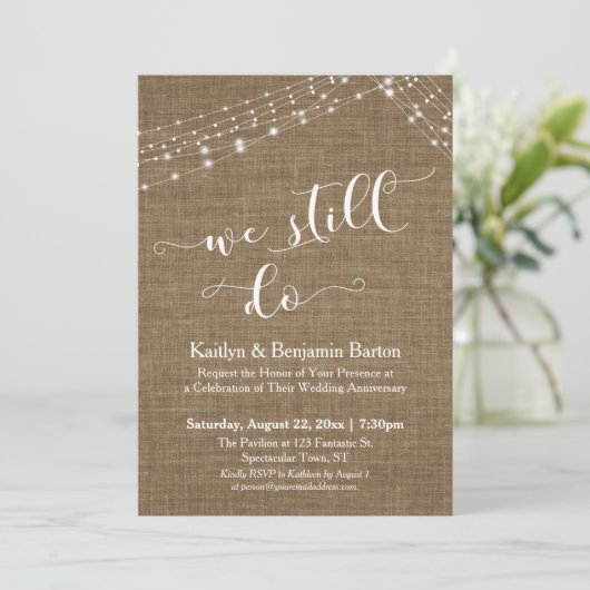Burlap Light Strings machen wir noch immer Jubiläu Einladung (Stehend Vorderseite)
