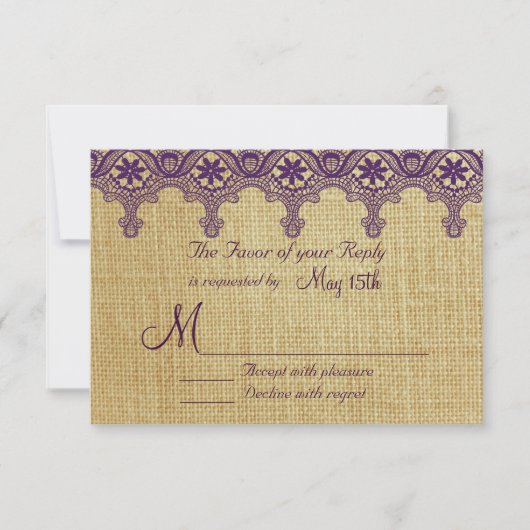 Burlap Lila Damask Lace Wedding RSVP Cards Karte (Vorderseite)