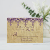 Burlap Lila Damask Lace Wedding RSVP Cards Karte (Stehend Vorderseite)