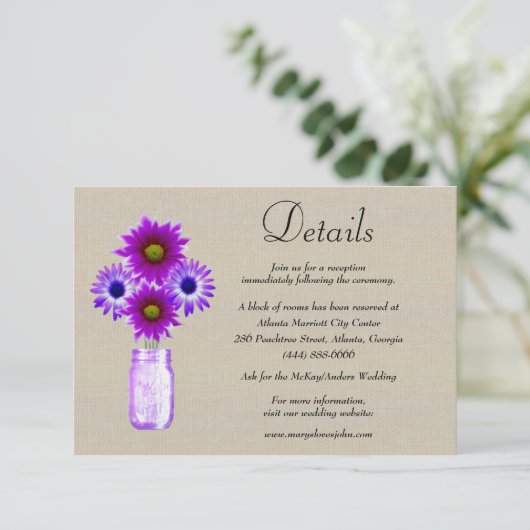 Burlap Lila Floral Mason Jar Wedding Details Begleitkarte (Stehend Vorderseite)