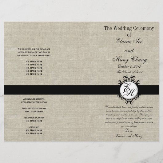 Burlap Linen Black Wedding Programm Chic Monogram (Vorderseite)