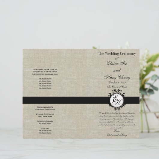 Burlap Linen Black Wedding Programm Chic Monogram (Stehend Vorderseite)