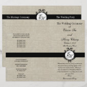 Burlap Linen Black Wedding Programm Chic Monogram (Vorne/Hinten)