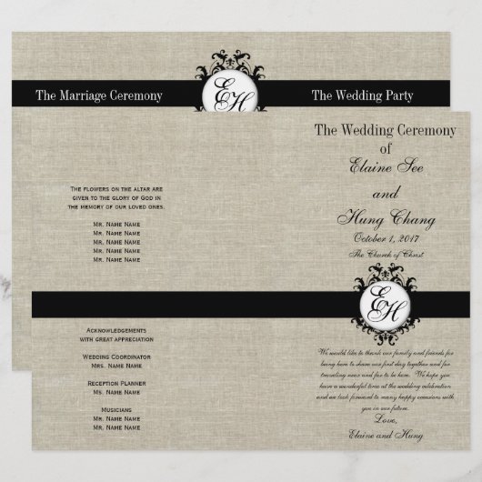 Burlap Linen Black Wedding Programm Chic Monogram (Vorne/Hinten)