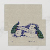 Burlap Linen Peacocks Rustic Wedding RSVP CARD Karte (Vorne/Hinten)