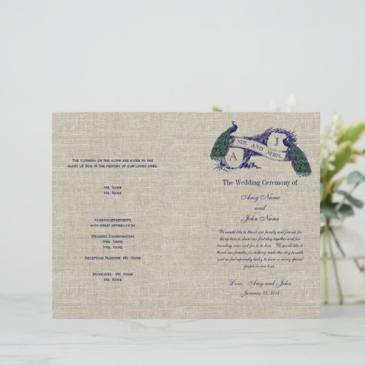 Burlap Linen Peacocks Rustikales Hochzeitsprogramm (Stehend Vorderseite)