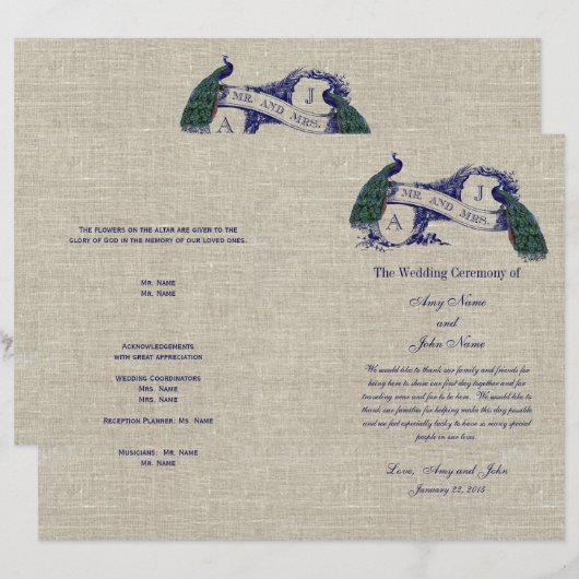 Burlap Linen Peacocks Rustikales Hochzeitsprogramm (Vorne/Hinten)