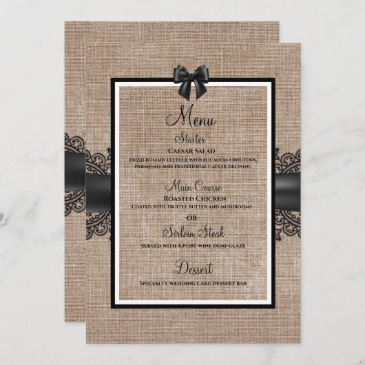 Burlap, Linen und Spitzen, Hochzeitsmenü nach Maß Menükarte (Vorne/Hinten)