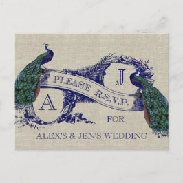 Burlap Linen Vintag Peacocks Rustic Wedding RSVP Einladungspostkarte