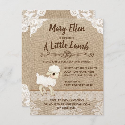 Burlap Little Lamb Baby Dusche Einladung Postkarte (Vorne/Hinten)