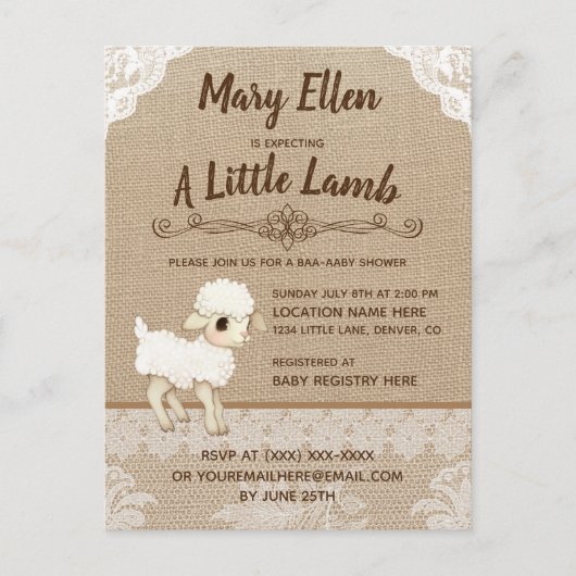 Burlap Little Lamb Baby Dusche Einladung Postkarte (Vorderseite)