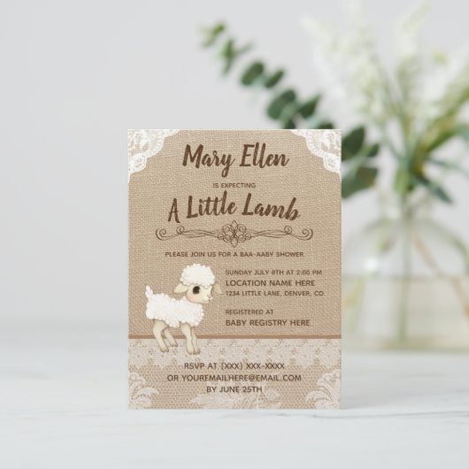 Burlap Little Lamb Baby Dusche Einladung Postkarte (Stehend Vorderseite)