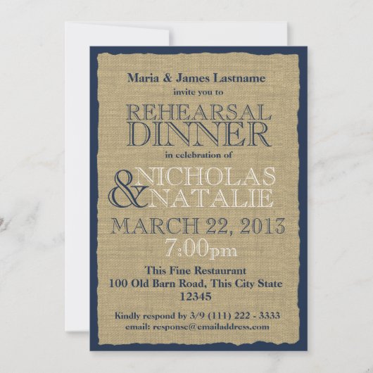 Burlap Look Probe Dinner Navy Blue Einladung (Vorderseite)