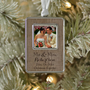 Burlap Look Rustikale Hochzeit Couple Erste Weihna Rahmen-Ornament Silber