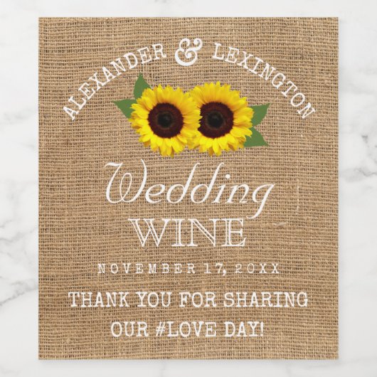 Burlap Look und Sunflowers Rustic Country Wedding Weinetikett (Einzelnes Label)