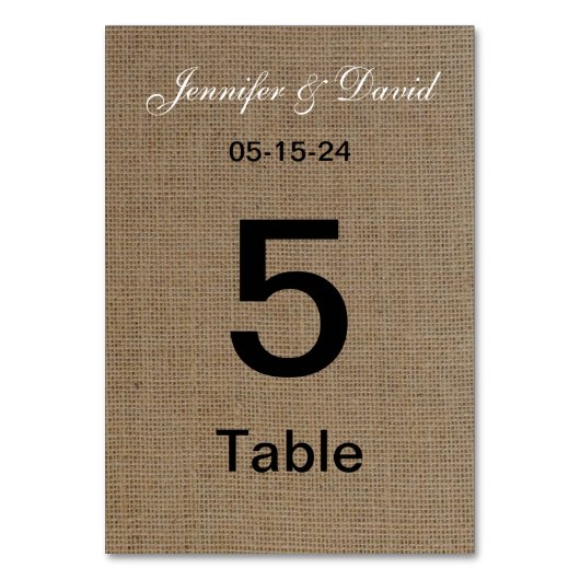 Burlap Look Wedding Tischnummer Cards (Vorderseite)