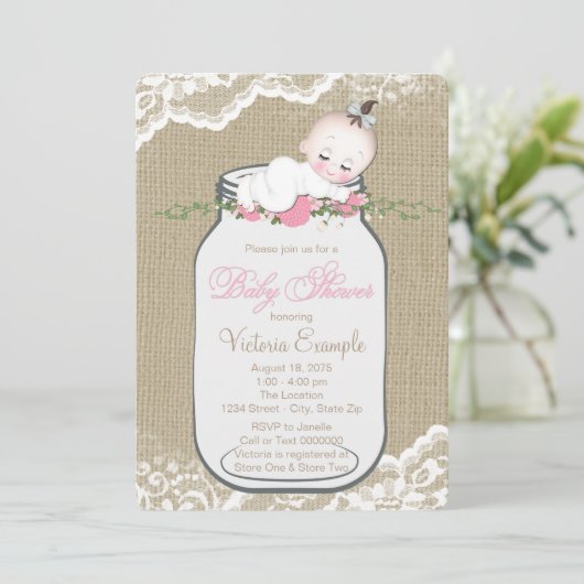Burlap Mason Jar Baby Shower Einladung (Stehend Vorderseite)
