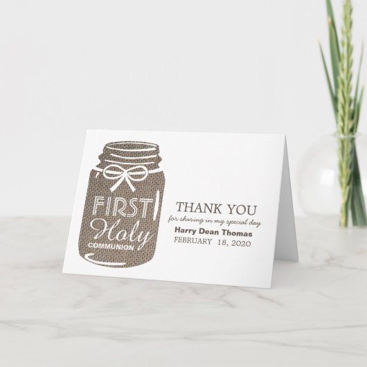 Burlap Mason Jar, Erste Heilige Kommune Vielen Dan Karte (Vorderseite)