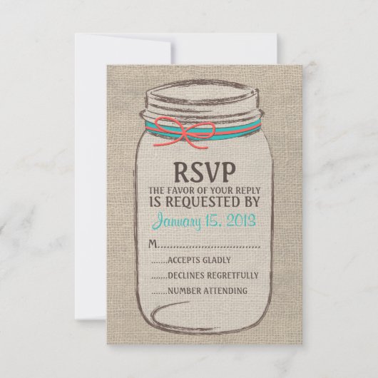 Burlap Mason Jar Rustic RSVP Karte (Vorderseite)