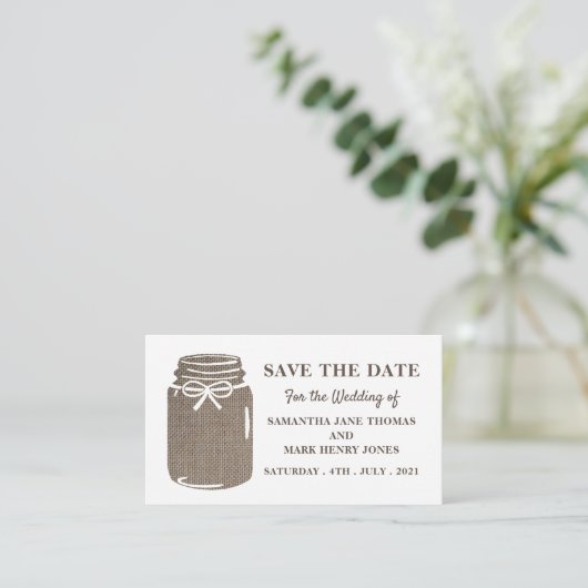 Burlap Mason Jar, Save the Date Begleitkarte (Stehend Vorderseite)